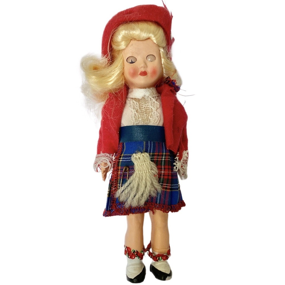 Vintage Scottish Girl Doll 6" Kilt Sleepy Eyes Red Beret Hard Plastic